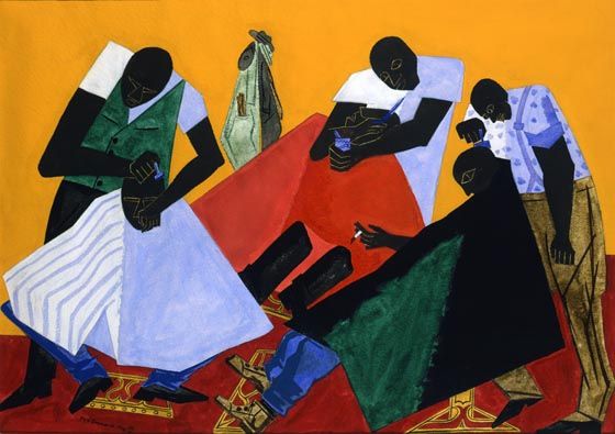 Jacob Lawrence (American, 1917–2000), Barber Shop. Gouache on paper, 1946. 21 1/8 x 29 3/8 in. Purchased with funds from the Libbey Endowment, Gift of Edward Drummond Libbey, 1975.15. Gallery 6 